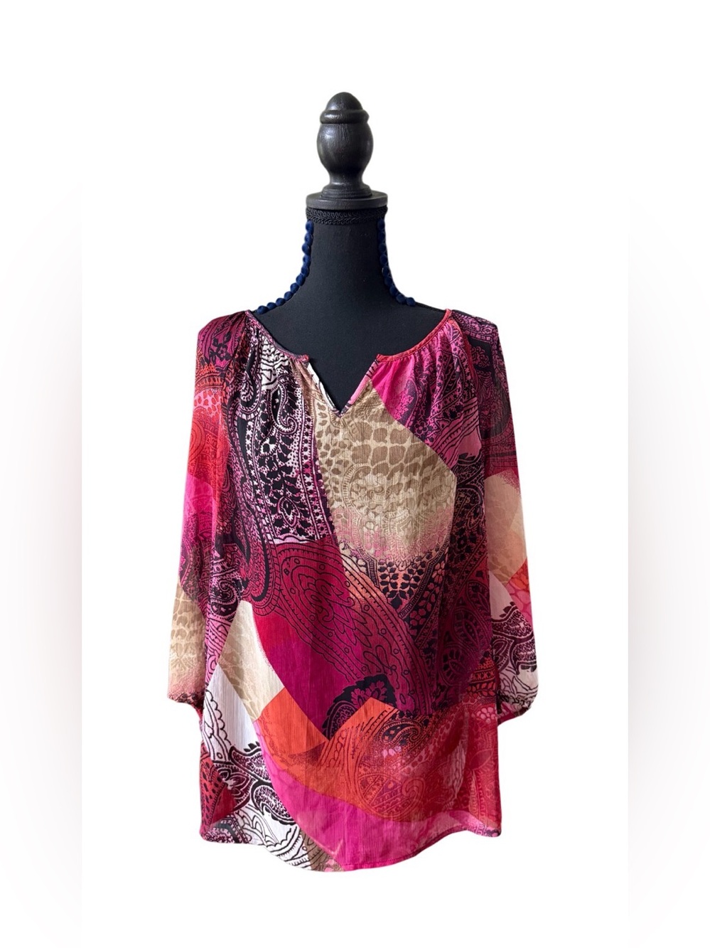 JM Collection Pink and Magenta Mix Print Patchwork V-Neck Loose Fit Sheer Tunic